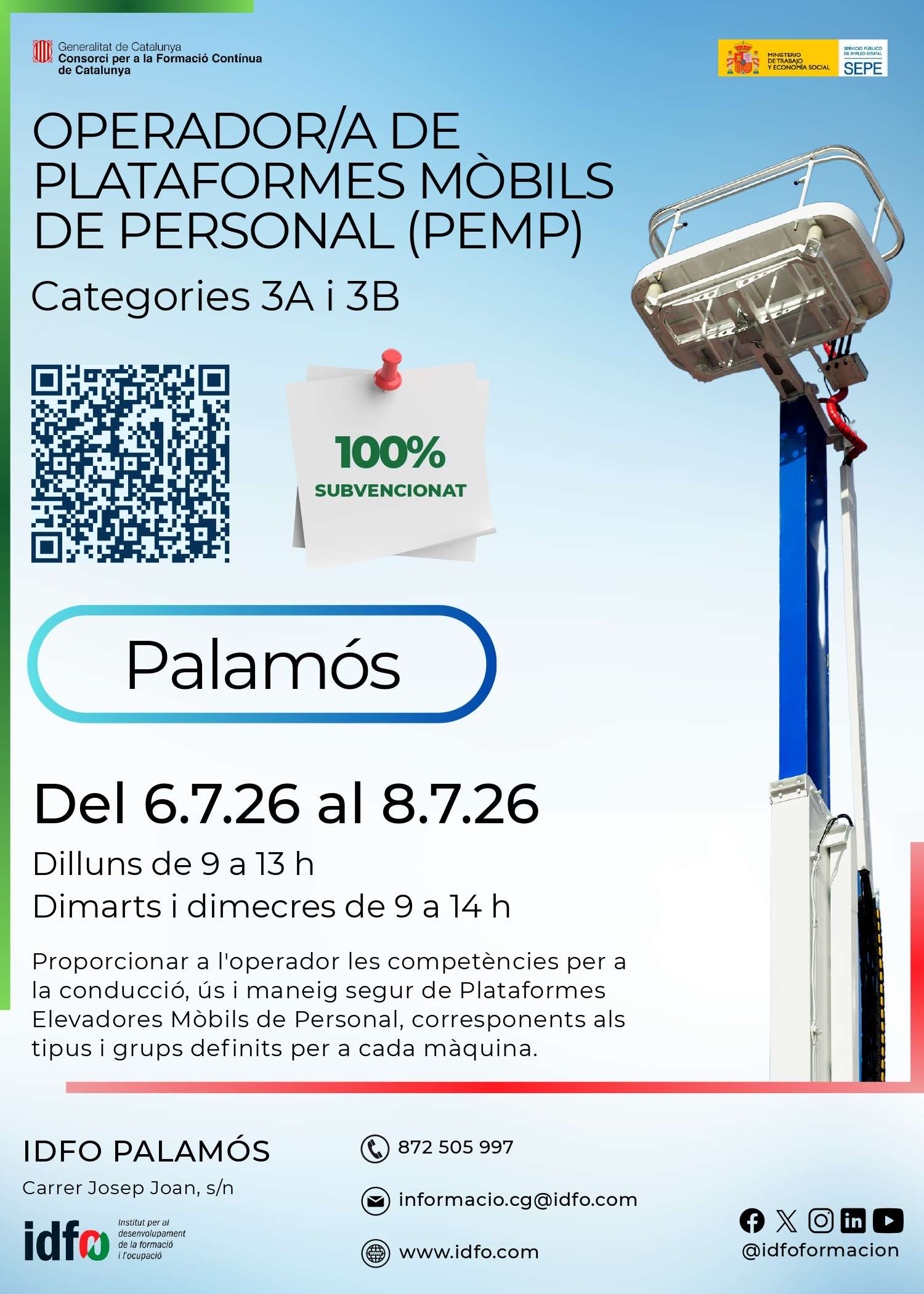Formació subvencionada Operador-a de plataformes mòbils de personal